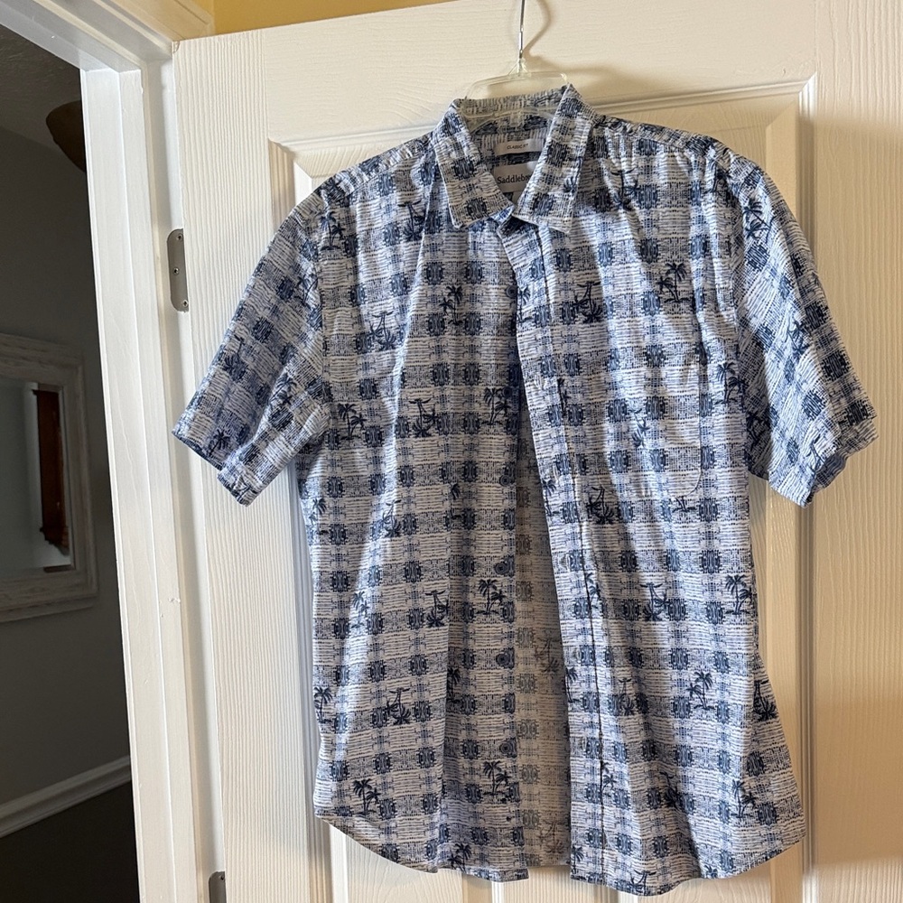 Men's Blue Patterned Short Sleeve Shirt